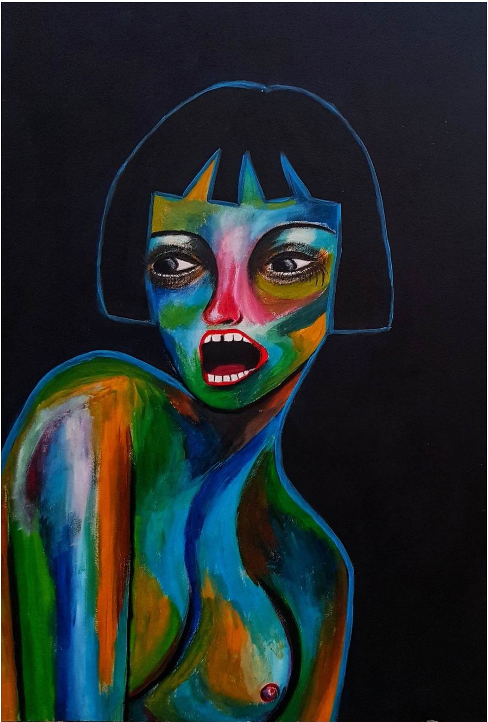 Painting of a colorful figure against a black background