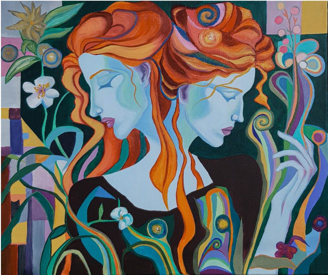 Painting of two figures with red hair and blue skin surrounded by stylized flowers