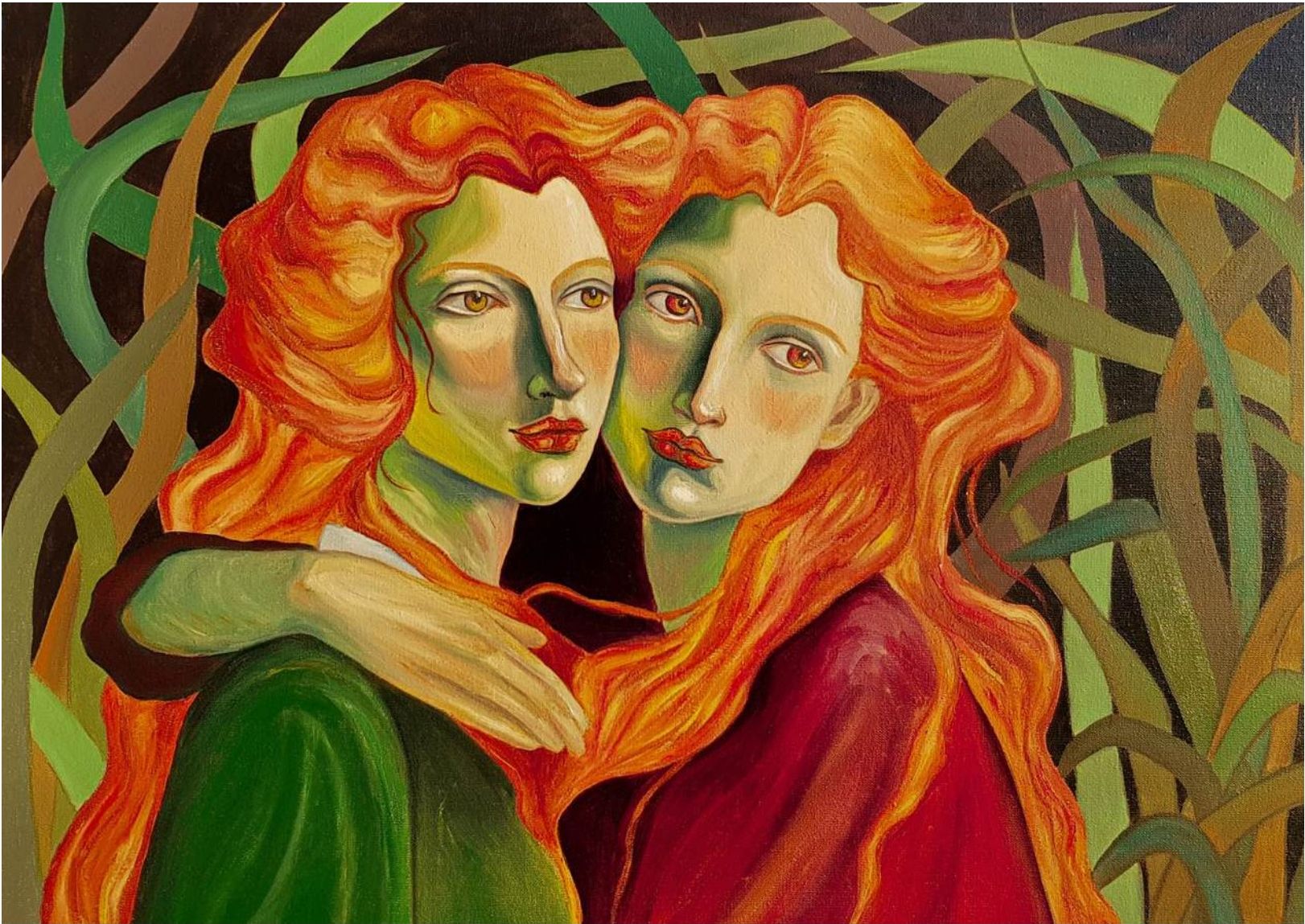 Painting of two figures with long red hair embracing in a field of tall grass
