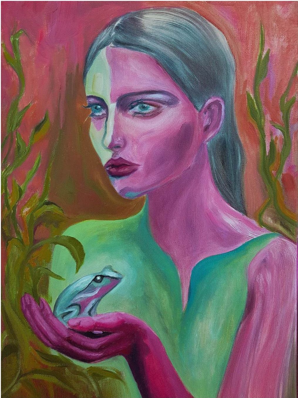 Painting of a woman holding a frog in her hands