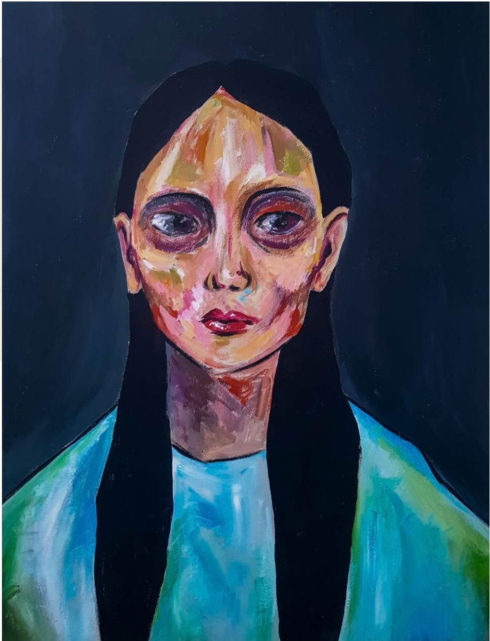 Portrait painting of a person with long dark hair against a dark background
