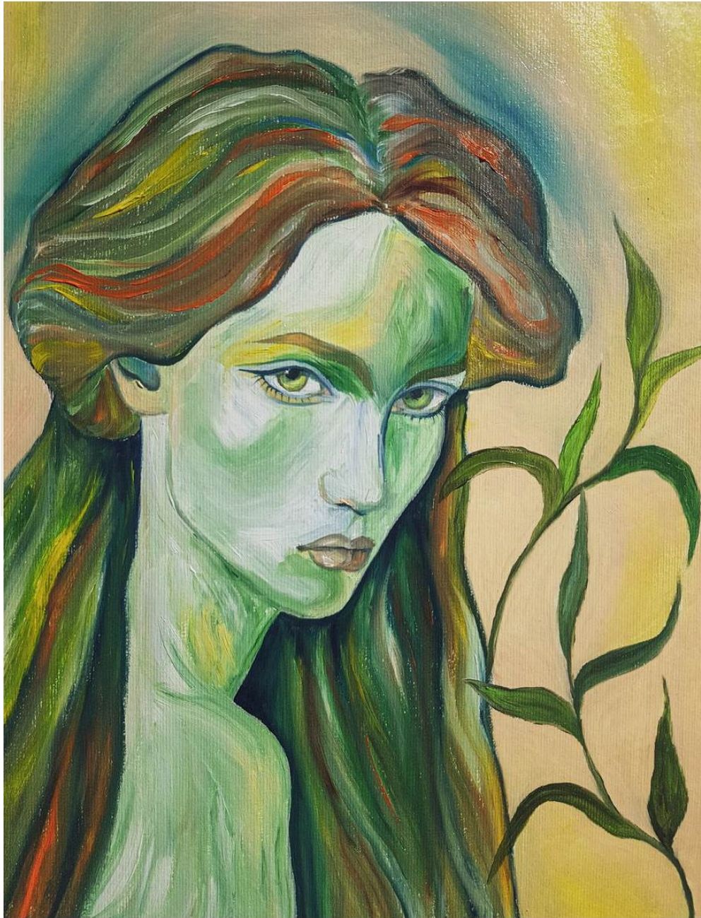 Portrait of a woman with green skin and long flowing hair, set against a background with a plant
