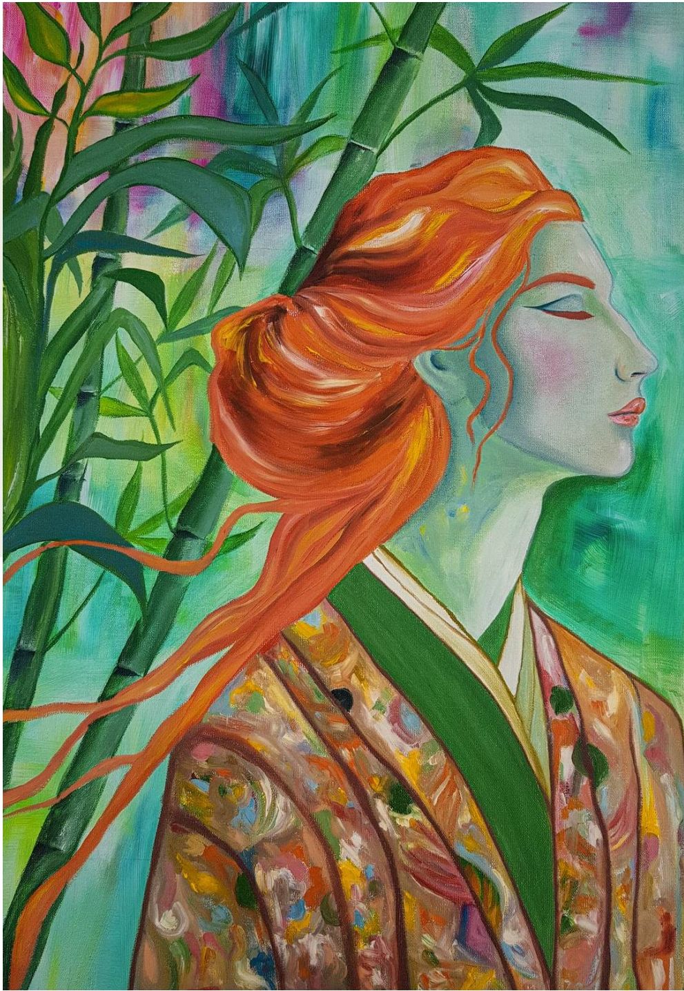 Painting of a woman with red hair wearing a patterned kimono standing in front of bamboo stalks