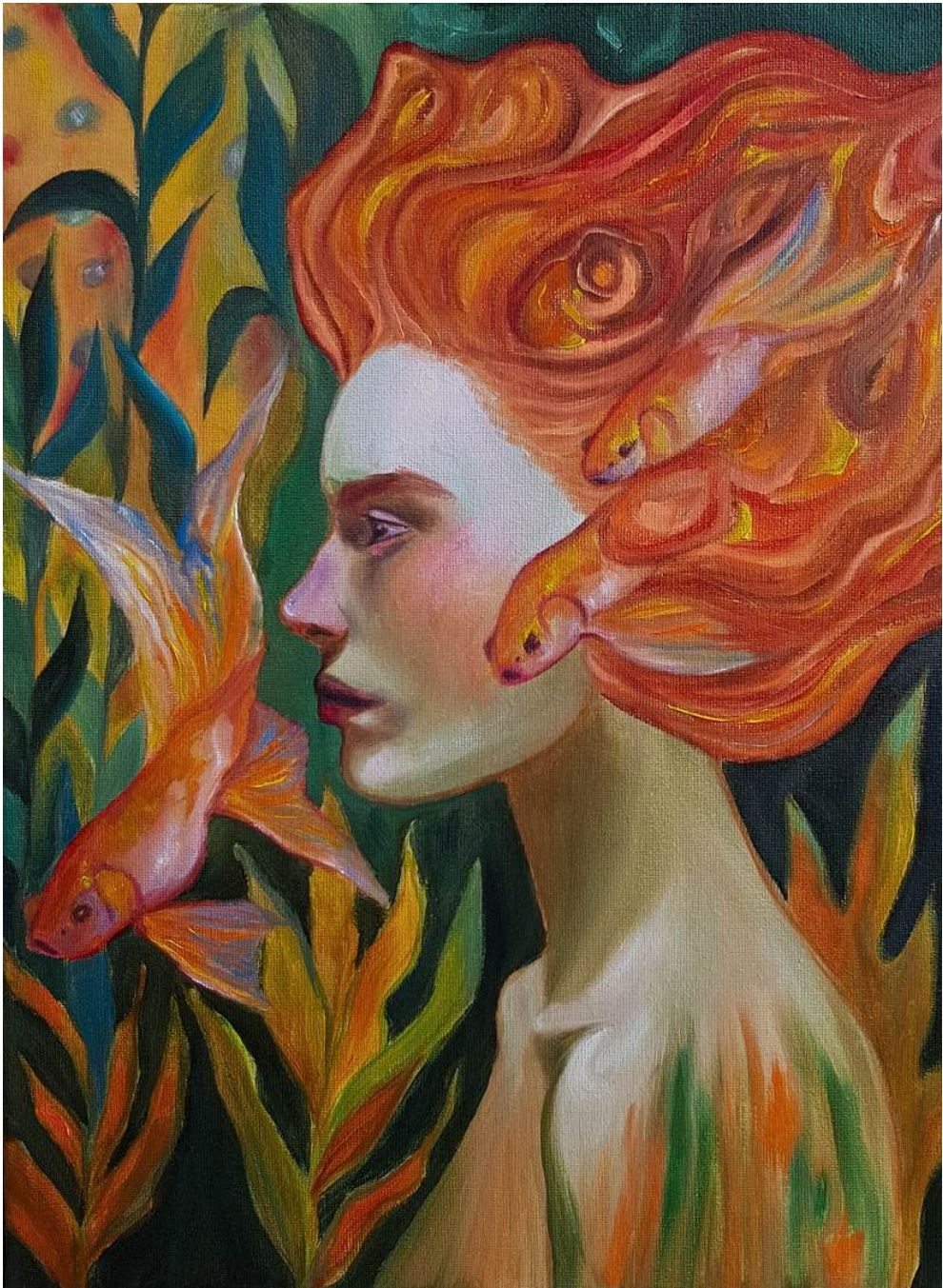 Painting of a woman with flame-like hair and goldfish swimming through it
