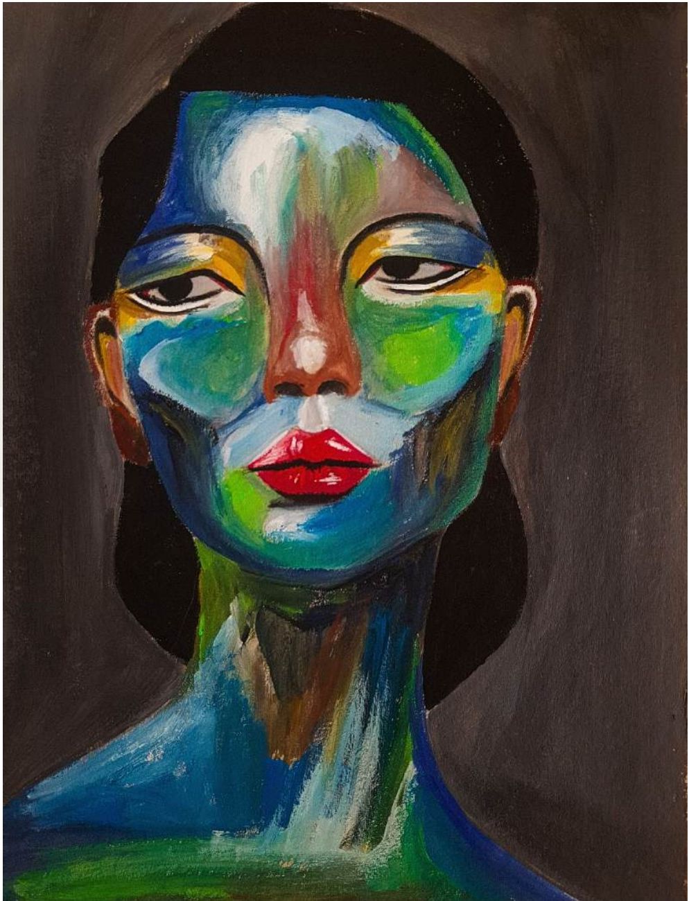 Portrait of a person with blue and green skin tones, dark hair, and bright red lips