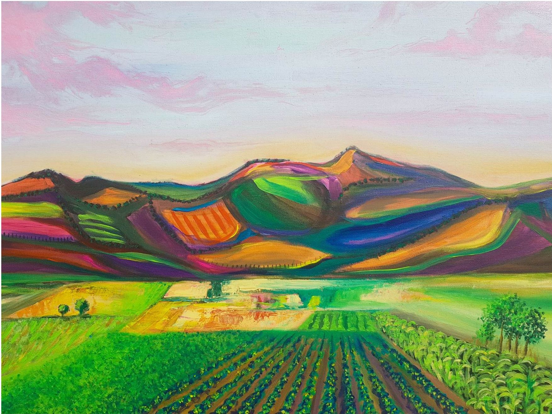 Vibrant landscape painting with colorful rolling hills in the background and a cultivated field in the foreground