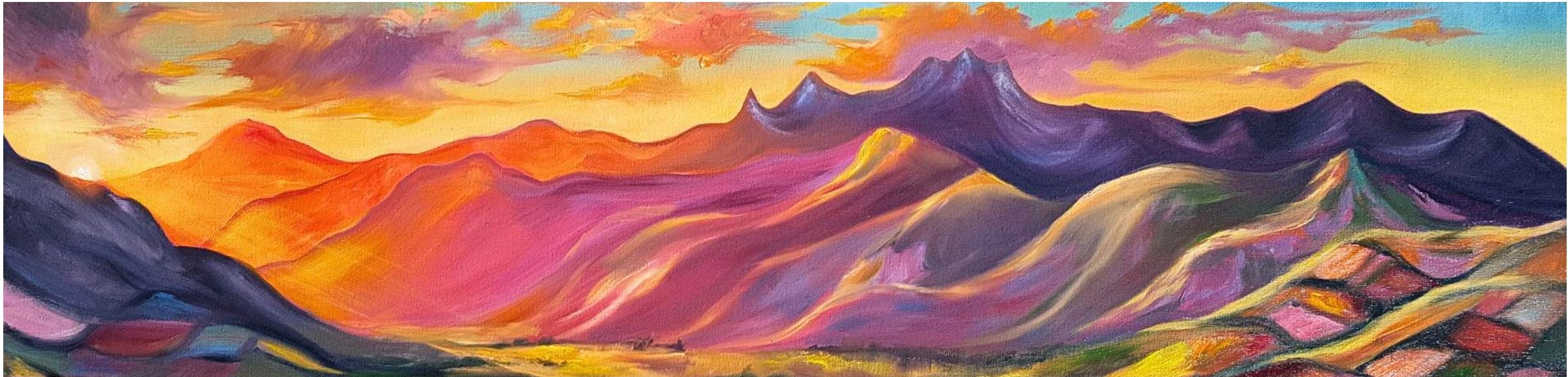 Landscape painting featuring vibrant red, orange, and purple mountains at sunset