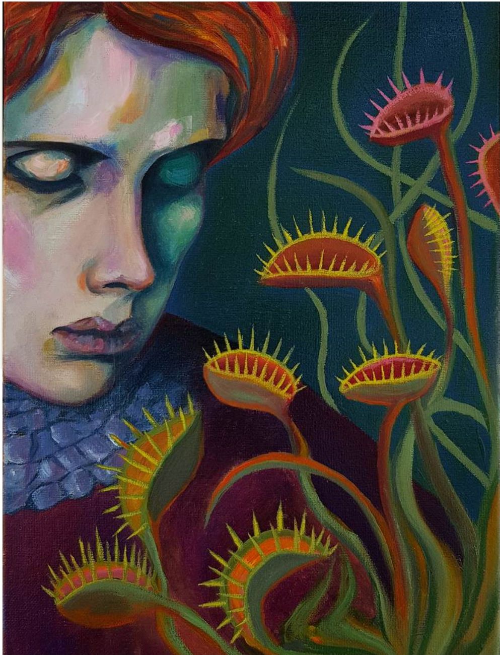 Painting of a person with red hair surrounded by venus flytrap plants